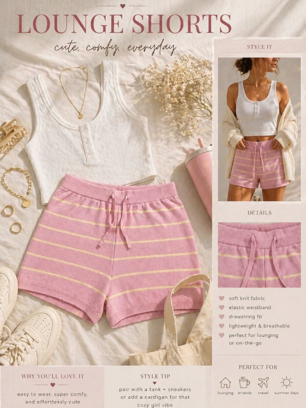 Pink Striped Knit Shorts Soft Lounge Shorts Drawstring Waist Cozy Summer